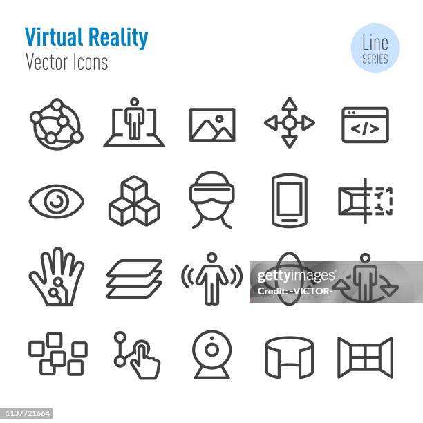 ilustraciones, imágenes clip art, dibujos animados e iconos de stock de conjunto de iconos de realidad virtual-serie vector line - showing