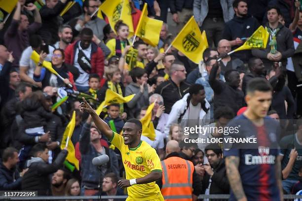 Nantes' Ghanean forward Majeed Waris celebrates after scoring during the French L1 football match between Nantes and Paris at the Beaujoire stadium...