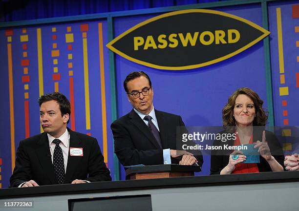 Host Jimmy Fallon, announcer Steve Higgins and actress Tina Fey visit "Late Night With Jimmy Fallon" at Rockefeller Center on May 5, 2011 in New York...