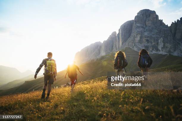 avventure sulle dolomiti: adolescenti che s'escursionistiche con il cane - escursionismo foto e immagini stock