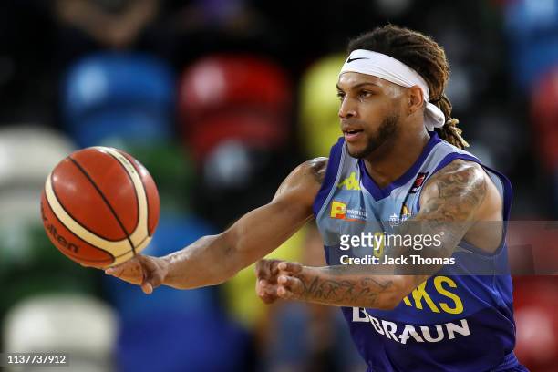 Mackey McKnight of Sheffield Sharks passes the ball during the British Basketball League game between London Lions and Sheffield Sharks at Copper Box...