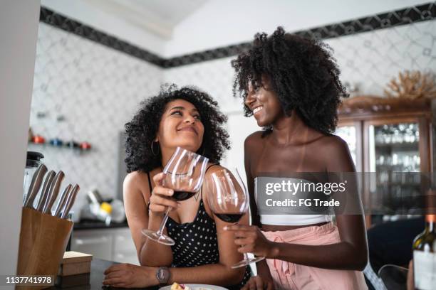 pares da lésbica ou amigos que bebem o vinho na cozinha - gay person - fotografias e filmes do acervo