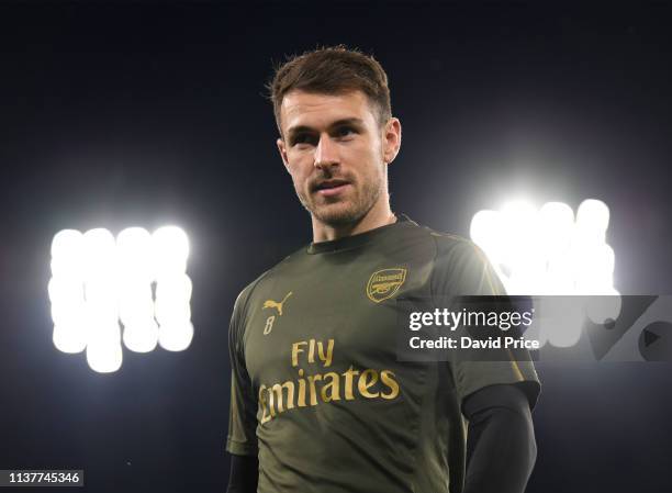 Aaron Ramsey of Arsenal during a training session, on the eve of their UEFA Europa League match against S.S.C. Napoli, at Stadio San Paolo on April...