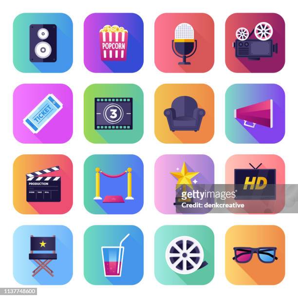 movie, television show & video flat smooth gradient style vector icons set - bright colour photos stock illustrations