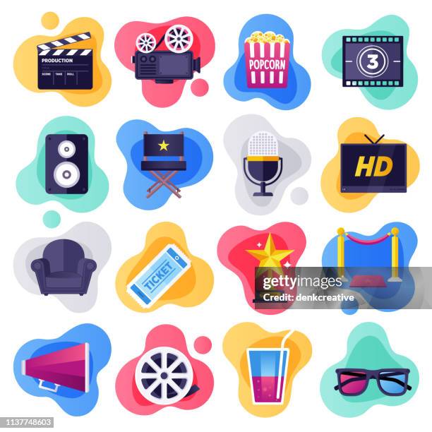 stockillustraties, clipart, cartoons en iconen met cinema, televisie & media-industrie platte stroom stijl vector icon set - kunst cultuur en vermaak