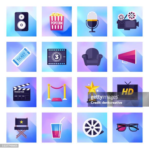 movie recommendations & ratings holographic gradient style vector flat icon set - filming set stock illustrations
