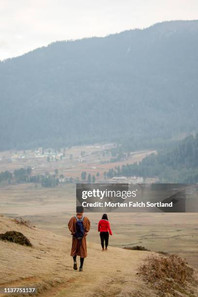 hiking down a hill in yekho, bhutan - april 2 stock pictures, royalty-free photos & images