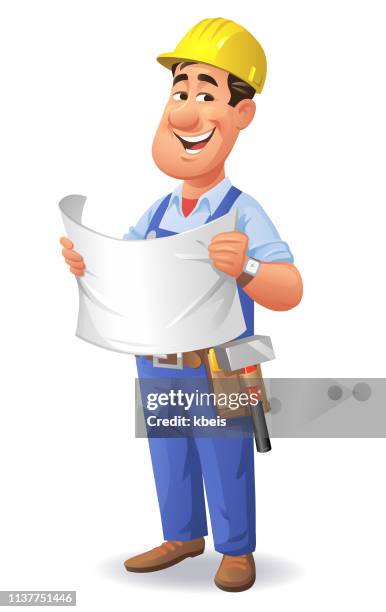 bauarbeiter holding plan - foreman stock-grafiken, -clipart, -cartoons und -symbole