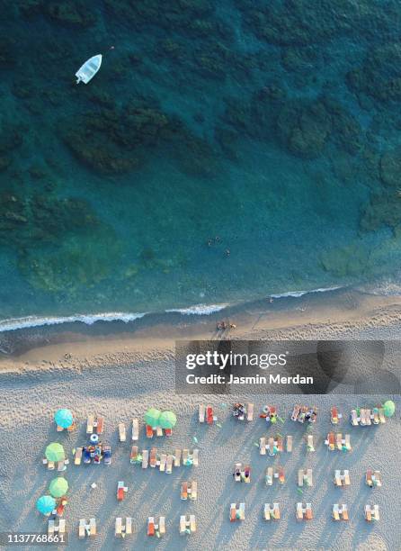 aerial view of a crowded beach, umbrellas and people on the sand - brazil ocean stock-fotos und bilder