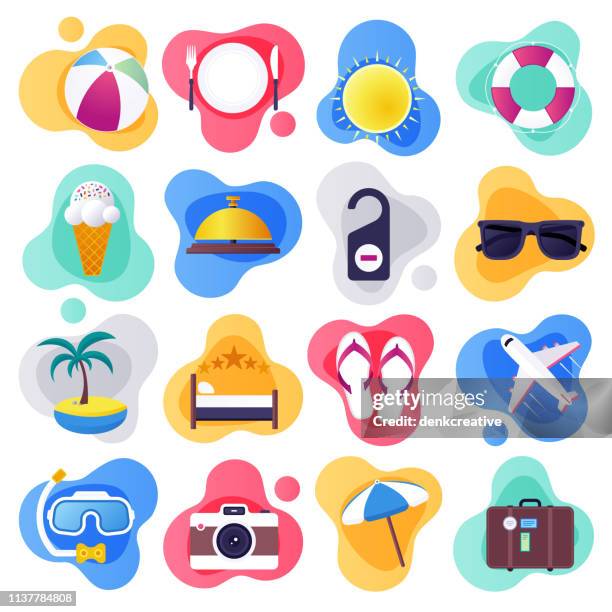 ilustraciones, imágenes clip art, dibujos animados e iconos de stock de reserva de vacaciones de verano viaje plano estilo vector icono conjunto - beach holiday