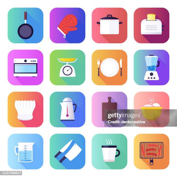 cooking appliance & recipes flat smooth gradient style vector icons set - bright kitchen stock illustrations
