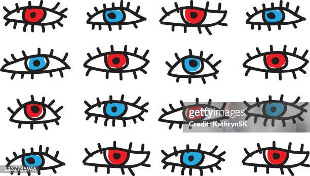 ilustraciones, imágenes clip art, dibujos animados e iconos de stock de color rojo ojo azul de repetición patrón vectorial - primitivism