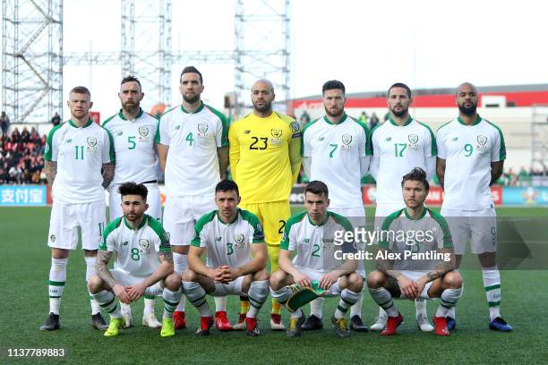 The Republic of Ireland team line up before the 2020 UEFA European Championships group D qualifying match between Gibraltar and Republic of Ireland...