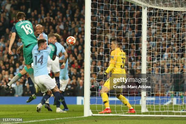 Fernando Llorente of Tottenham Hotspur scores their 3rd during the UEFA Champions League Quarter Final second leg match between Manchester City and...