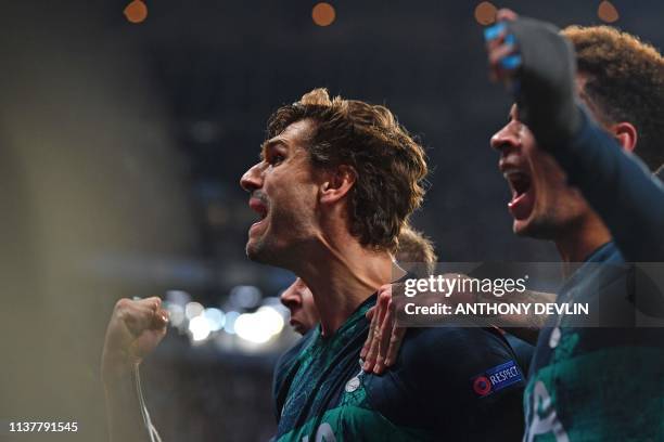 Tottenham Hotspur's Spanish striker Fernando Llorente celebrates scoring his team's third goal during the UEFA Champions League quarter final second...