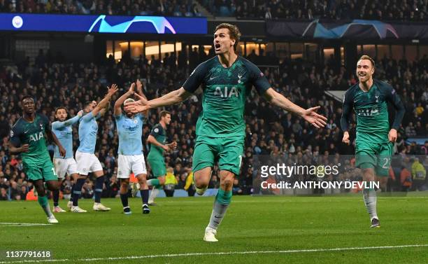 Tottenham Hotspur's Spanish striker Fernando Llorente celebrates scoring his team's third goal during the UEFA Champions League quarter final second...