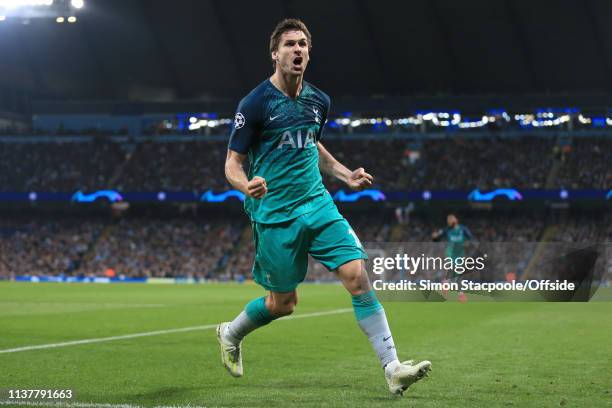 Fernando Llorente of Spurs celebrates after scoring their 3rd goal during the UEFA Champions League Quarter Final second leg match between Manchester...