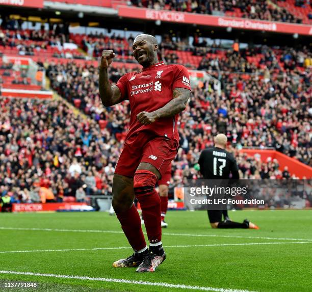 Djibril Cisse of Liverpool FC Legends celebrating after scoring the second goal during the friendly match between Liverpool FC Legends and AC Milan...