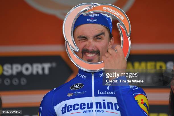 Podium / Julian Alaphilippe of France and Team Deceuninck - Quick Step / Celebration / Trophy / during the 110th Milan-Sanremo 2019 a 291km race from...