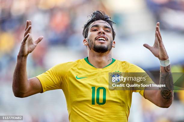 Lucas Paqueta of Brazil celebrates after scoring his team's first goal during the International Friendly match between Brazil and Panama at Estadio...