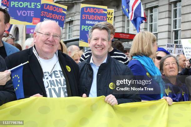 Cross-party MP's Mike Gapes, Chris Leslie and Sarah Wollaston of The Independent Group during the ‘Put It To The People March’ on March 23, 2019 in...