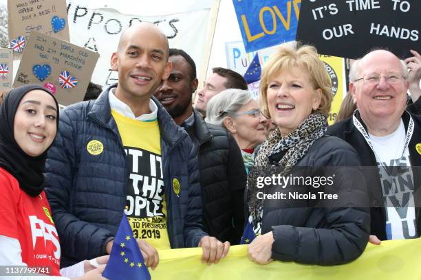 Cross-party MP's Chuka Umunna, Anna Soubry and Mike Gapes of The Independent Group during the ‘Put It To The People March’ on March 23, 2019 in...