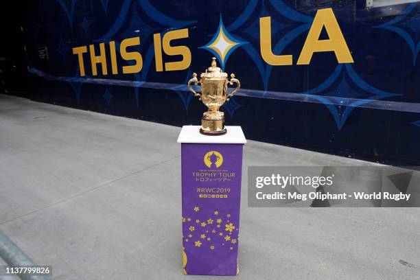 The Webb Ellis Cup visits Dignity Health Sports Park, home of the LA Galaxy, during day three of the Rugby World Cup 2019 Trophy Tour on March 23,...