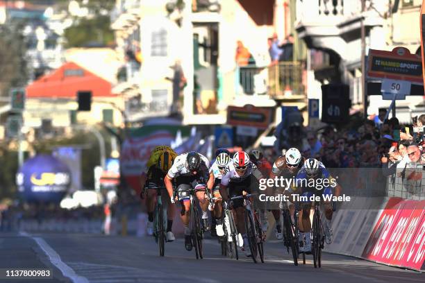 Arrival / Peter Sagan of Slovakia and Team Bora-Hansgrohe / Michal Kwiatkowski of Poland and Team Sky / Wout Van Aert of Belgium and Team Jumbo-Visma...