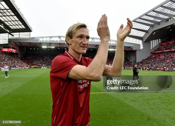Sami Hyypia of Liverpool FC Legends showing his appreciation to the fans at the end of the friendly match between Liverpool FC Legends and AC Milan...