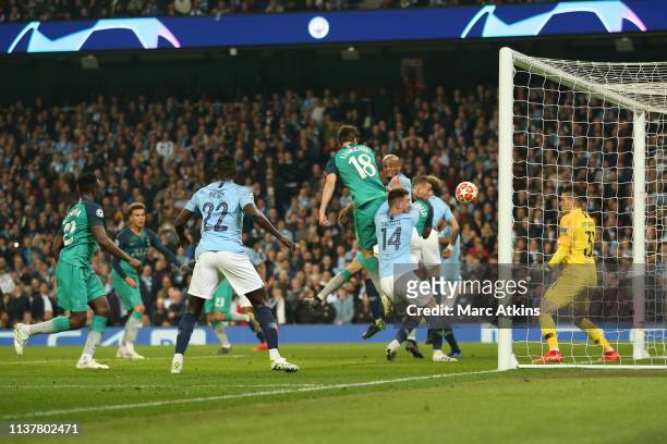 Fernando Llorente of Tottenham Hotspur scores their 3rd during the UEFA Champions League Quarter Final second leg match between Manchester City and...