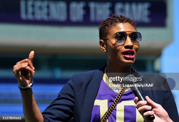 Atlanta Dream player Angel McCoughtry attends an Alliance of American Football game between the Orlando Apollos and the Atlanta Legends at Georgia...