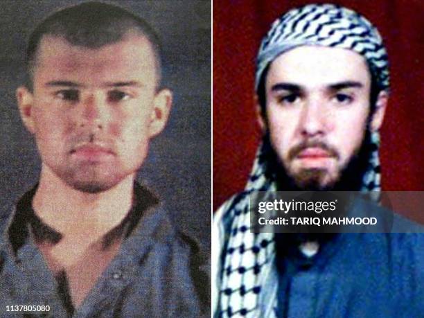 This combination of pictures created on April 17, 2019 shows at left a police file photo made available February 6, 2002 of the "American Taliban"...