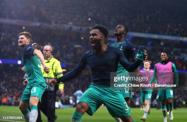 Danny Rose, Eric Dire and Victor Wanyama of Tottenham Hotspur celebrate winning the UEFA Champions League Quarter Final second leg match between...