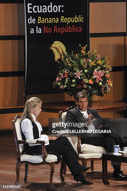 Ecuadorean President Rafael Correa talks during the presentation of his book "Ecuador: de Banana Republic a la no Republica" accompanied with...