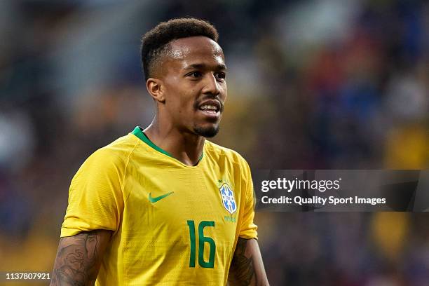 Eder Militao of Brazil looks on during the International Friendly match between Brazil and Panama at Estadio do Dragao on March 23, 2019 in Porto,...