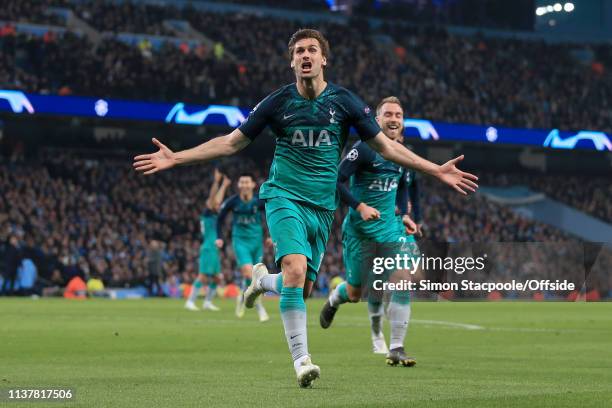 Fernando Llorente of Spurs celebrates after scoring their 3rd goal during the UEFA Champions League Quarter Final second leg match between Manchester...