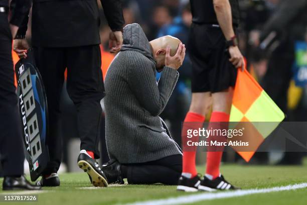 Pep Guardiola manager of Manchester City looks dejected as a goal is ruled out via a VAR decision during the UEFA Champions League Quarter Final...