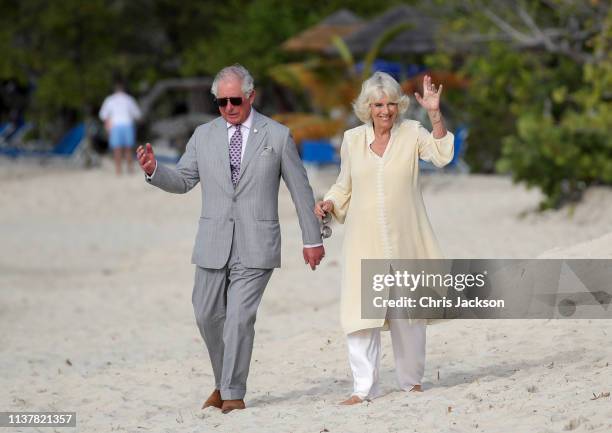 Prince Charles, Prince of Wales and Camilla, Duchess of Cornwall attend an engagement on the beach during their official visit to Grenada on March...