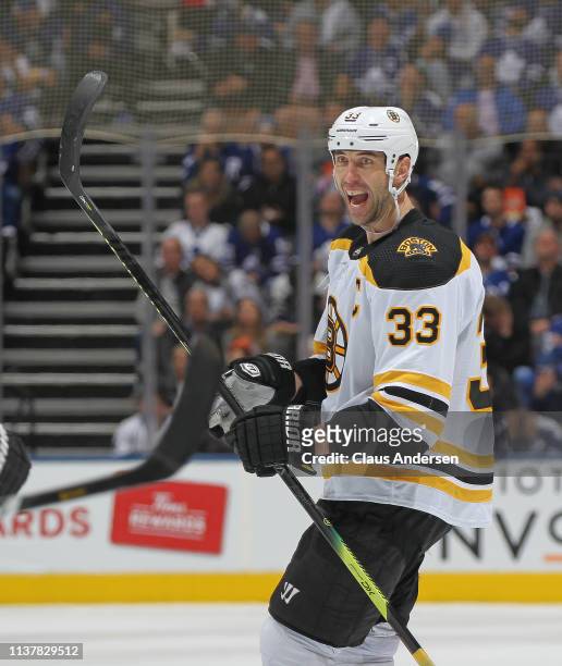 Zdeno Chara of the Boston Bruins celebrates his eventual game winning goal against the Toronto Maple Leafs in Game Four of the Eastern Conference...