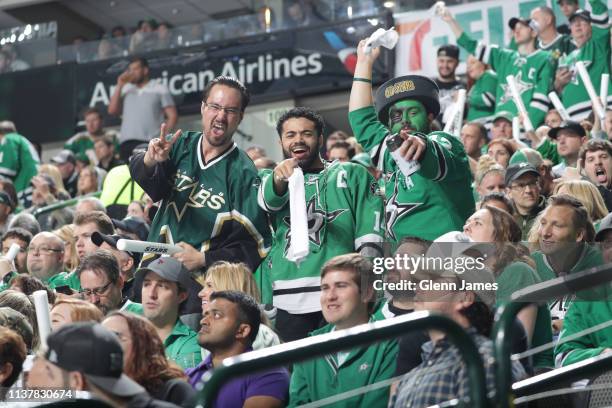 Dallas Stars fans cheer on their team against the Nashville Predators in Game Four of the Western Conference First Round during the 2019 NHL Stanley...