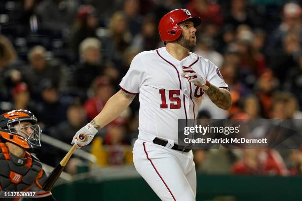 Matt Adams of the Washington Nationals hits a three-run home run in the seventh inning against the San Francisco Giants at Nationals Park on April...