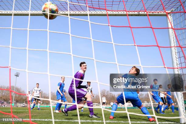 Goalkeeper Olafur Kristofer Helgason and Orri Hrafn Kjartansson of Iceland U17 react as Malik Tillman of Germany U17 scores his team's second goal...