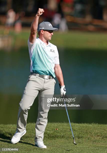 Austin Cook reacts after making a birdie on the 12th hole during the third round of the Valspar Championship on the Copperhead course at Innisbrook...
