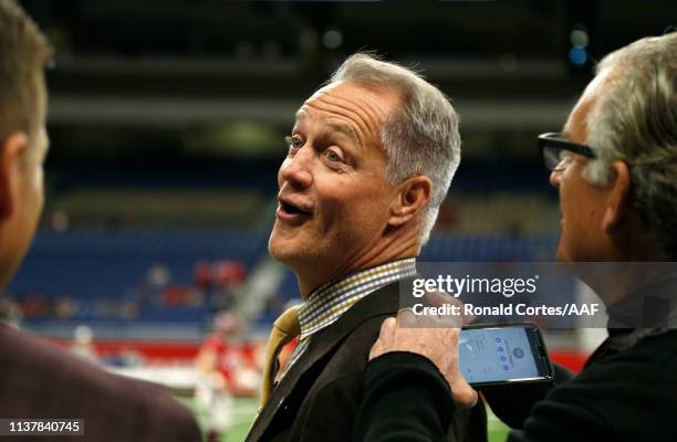 General manager Daryl Johnston of the San Antonio Commanders talks on the field before the Alliance of American Football game between the Salt Lake...