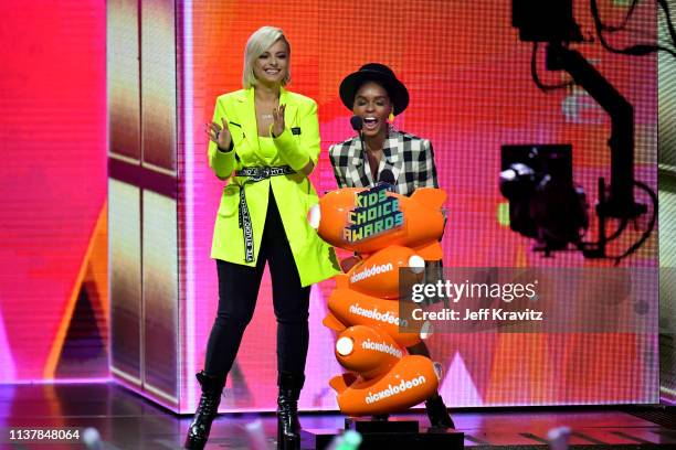 Bebe Rexha and Janelle Monáe speak onstage at Nickelodeon's 2019 Kids' Choice Awards at Galen Center on March 23, 2019 in Los Angeles, California.