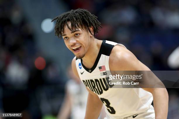 Carsen Edwards of the Purdue Boilermakers celebrates his basket against the Villanova Wildcats in the first half during the second round of the 2019...