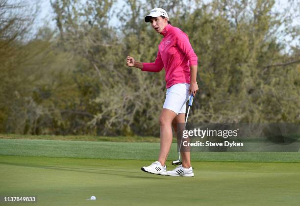 Carlota Ciganda of Spain reacts after hitting her birdie putt on the 18th hole during the third round of the Bank Of Hope Founders Cup at the...