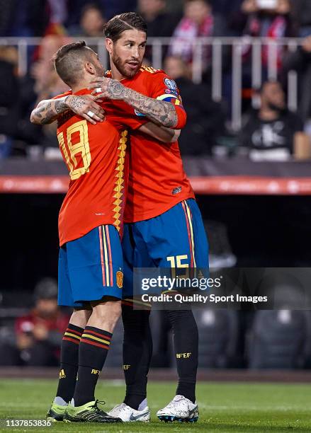 Sergio Ramos and Jordi Alba of Spain celebrating their second team's goal during the 2020 UEFA European Championships group F qualifying match...