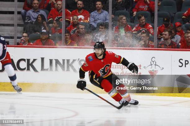Michael Frolik of the Calgary Flames skates against the Columbus Blue Jackets during an NHL game on March 19, 2019 at the Scotiabank Saddledome in...