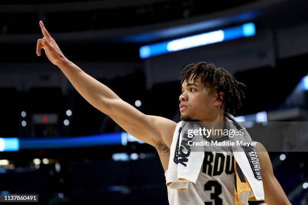 Carsen Edwards of the Purdue Boilermakers waves to the fans after his teams win over the Villanova Wildcats during the second round of the 2019 NCAA...